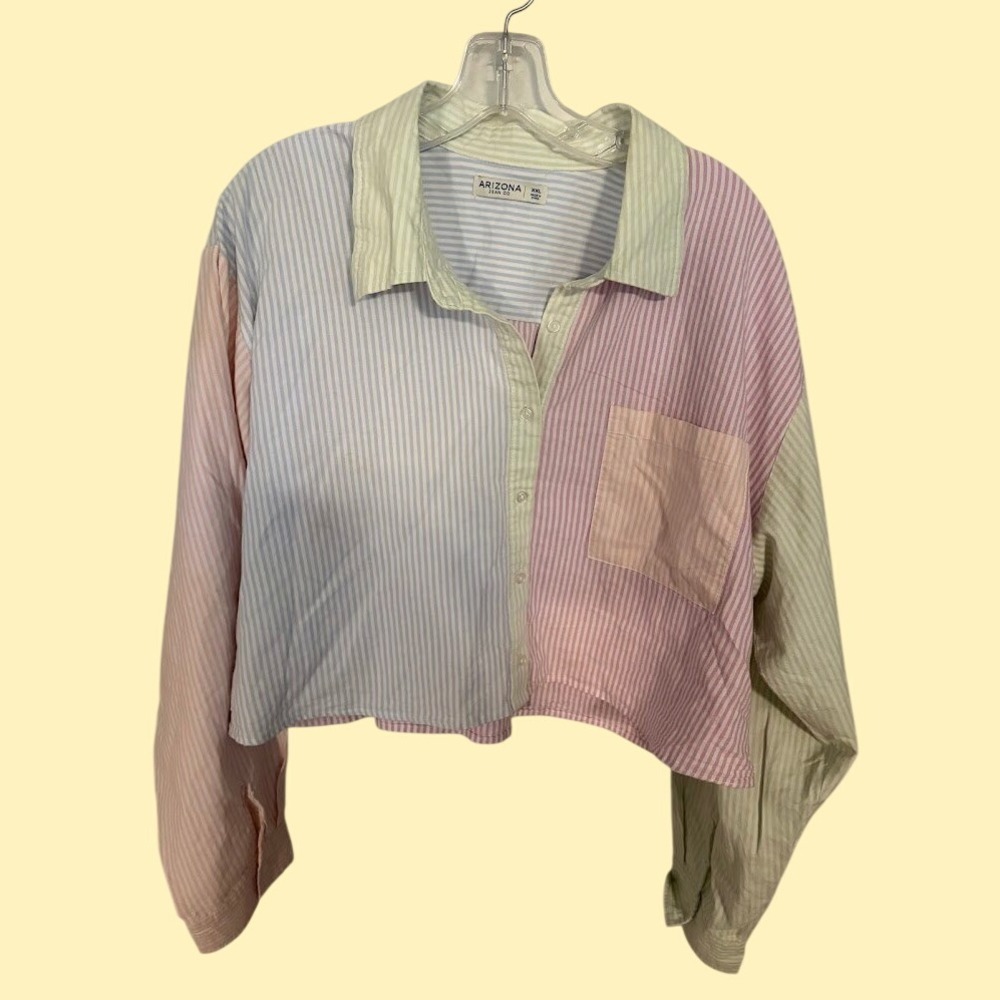 Arizona Jean Co Pastel Colorblock Pinstripe Cropped Button Down Shirt XXL